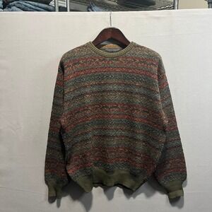 Metropolitan View Mens Merino Wool Striped Crewneck Sweater Green Rust Medium